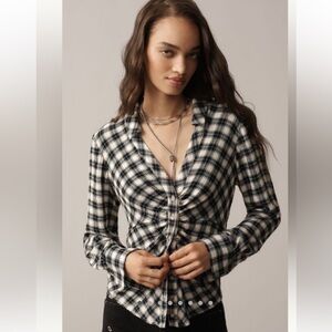 Anthropologie The Keaton Ruched Collared Blouse by Pilcro in Plaid NEW